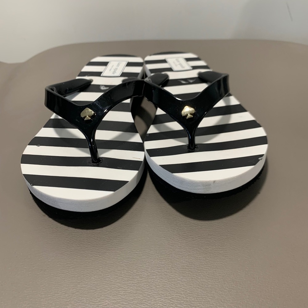 Kate Spade Flip Flops Womens 7 Black White Milli Striped Platform Wedge Sandals